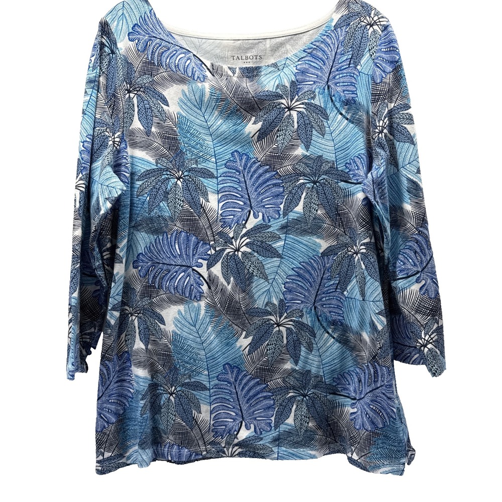 Talbots Women's Top Size Large Blue Tropical Leaf 3/4 Sleeves Pullover Stretch